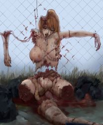 Rule 34 | 1girl, after vaginal, amputee, bad id, bad pixiv id, blood, breasts, chain-link fence, corpse, corpse milk, cum, cumdrip, dead or alive, death, ero guro, facing viewer, fence, guro, highres, intestines, kasumi (doa), lactation, medium breasts, nude, outdoors, prolapse, sitting, solo, trash bag, uterine prolapse