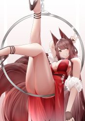 Rule 34 | 1girl, absurdres, akagi (azur lane), akagi (ruby-laced beauty) (azur lane), animal ears, ass, azur lane, bare legs, breasts, chain, cleavage, clothes between thighs, dress, evening gown, feather boa, fox ears, fox girl, fox tail, grin, high heels, highres, hoop, large breasts, legs up, long hair, multiple tails, official alternate costume, pelvic curtain, red dress, samip, smile, solo, strappy heels, tail, thighs, v