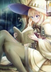 Rule 34 | 1girl, :o, a midsummer night&#039;s dream, absurdres, black bow, blonde hair, blue eyes, blush, book, bow, essan0905, fate/grand order, fate (series), glasses, grey pantyhose, hat, highres, holding, holding book, lantern, pantyhose, rain, reading, robe, round eyewear, sitting, solo, aesc (fate), white hat, white robe, witch hat