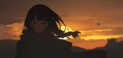 Rule 34 | 1girl, backlighting, black hair, blunt bangs, braid, chongzhen 085, chromatic aberration, closed mouth, cloud, cloudy sky, expressionless, floating hair, highres, long hair, looking at viewer, mountainous horizon, original, outdoors, portrait, red eyes, red scarf, scarf, sky, solo, sun, sunset, wind