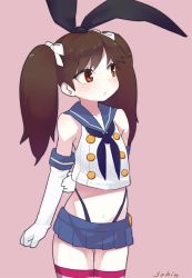 Rule 34 | 1girl, brown eyes, brown hair, cosplay, gloves, hair ribbon, hairband, kantai collection, long hair, ribbon, ryuujou (kancolle), sailor collar, shimakaze (kancolle), shimakaze (kancolle) (cosplay), so shina, sohin, solo, striped clothes, striped thighhighs, thighhighs, twintails