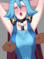 Rule 34 | 1girl, ahegao, akx90000, armpits, arms behind head, arms up, blue eyes, blue hair, bodysuit, cape, clair (pokemon), collar, creatures (company), disembodied hand, game freak, grey background, molestation, nintendo, nipple stimulation, nipple tweak, open mouth, pokemon, pokemon hgss, sweat, tongue, tongue out