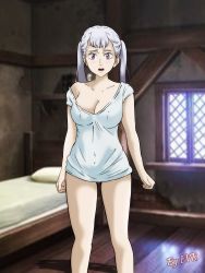 Rule 34 | 1girl, arms at sides, bed, black clover, blurry, blurry background, blush, breasts, cleavage, collarbone, covered navel, evr, excalibur overdrive, feet out of frame, female focus, highres, indoors, jpeg artifacts, looking at viewer, noelle silva, open mouth, purple eyes, shirt, solo, source request, standing, t-shirt, twintails, white hair, white shirt, window, wooden floor