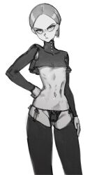 Rule 34 | 1girl, absurdres, bad id, bad twitter id, breasts, closed mouth, cropped shirt, emmelot (wassnonnam), frown, greyscale, highres, long sleeves, looking at viewer, mole, mole on leg, monochrome, navel, original, panties, short hair, simple background, skinny, small breasts, solo, thighhighs, underwear, wass nonnam, white background