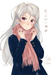 Rule 34 | 1girl, blue jacket, conte di cavour (kancolle), heart, highres, jacket, kantai collection, ld (luna dial398), long hair, looking at viewer, one-hour drawing challenge, parted bangs, purple eyes, scarf, silver hair, smile, solo, upper body, white background