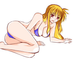 Rule 34 | 1girl, :d, ass, bare arms, bare legs, barefoot, bikini, blonde hair, blue bikini, blush, breasts, cleavage, collarbone, engo (aquawatery), fate testarossa, hair between eyes, large breasts, long hair, lying, lyrical nanoha, mahou shoujo lyrical nanoha strikers, on side, open mouth, red eyes, simple background, sketch, smile, solo, straight hair, swimsuit, white background