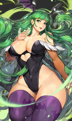 Rule 34 | 1girl, alternate legwear, animal print, bare shoulders, bat (animal), bat print, black leotard, breasts, bridal gauntlets, cleavage, clothing cutout, collarbone, commentary, cutout above navel, fingernails, fur trim, green eyes, green hair, groin, gurimjang, hand on own chest, hand up, head wings, heart cutout, highleg, highleg leotard, highres, large breasts, leotard, lipstick, long hair, long sleeves, makeup, morrigan aensland, narrow waist, parted lips, print thighhighs, revision, shiny clothes, simple background, smile, solo, standing, strapless, strapless leotard, thighhighs, thighs, vampire (game), wings