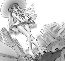 Rule 34 | 1girl, alloyrabbit, bag, blunt bangs, blush, boots, braid, bus, car, city, closed mouth, clothes pull, creatures (company), dress, dress pull, embarrassed, from below, full body, game freak, giant, giantess, greyscale, legs, lillie (pokemon), long hair, looking down, monochrome, motor vehicle, nintendo, panties, pokemon, pokemon sm, road, sleeveless, solo, street, twin braids, underwear, vehicle, wavy mouth