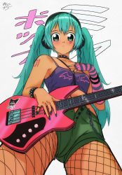 Rule 34 | 1girl, 2000s (style), absurdres, armpit peek, asymmetrical sleeves, bass guitar, blue nails, blush, bracelet, breasts, chain, character name, collar, crop top, fingerless gloves, fingernails, fishnet legwear, fishnets, from below, gloves, green eyes, green hair, gyaru, hair between eyes, hand on own chest, hatsune miku, headphones, heart, highres, idol, instrument, jewelry, kogal, letro, long hair, looking at viewer, looking down, midriff, nail polish, navel, open fly, short shorts, shorts, small breasts, solo, spiked bracelet, spiked collar, spikes, stomach, tan, tattoo, twintails, unbuttoned, vocaloid