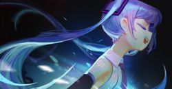 Rule 34 | 1girl, armpit crease, bare shoulders, black background, black sleeves, blouse, blue hair, closed eyes, collared shirt, commentary, detached sleeves, flipped hair, hair ornament, hatsune miku, highres, long hair, necktie, neon trim, open mouth, purple necktie, shirt, shoulder tattoo, sidelocks, sideways mouth, sleeveless, sleeveless shirt, smile, solo, straight hair, tattoo, teeth, topdylan, twintails, upper body, upper teeth only, vocaloid, white shirt