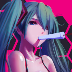 Rule 34 | 1girl, bare shoulders, food, from below, green eyes, green hair, hair between eyes, hatsune miku, highres, linxxx, long hair, mouth hold, popsicle, solo, twintails, upper body, vocaloid