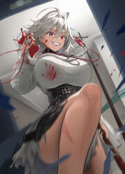 Rule 34 | 1girl, absurdres, bandaged arm, bandages, black survival, blood, blood bag, blood on arm, blood on clothes, blood on face, blood splatter, bloody bandages, blurry, breasts, commentary, earrings, emma 0215, english commentary, eternal return: black survival, hair between eyes, highres, holding, jackie quilt, jewelry, large breasts, looking at viewer, red eyes, scar, scar on face, shirt, solo, stud earrings, teeth, torn clothes, white hair, white shirt