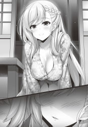 Rule 34 | 1girl, azur lane, belfast (azur lane), blush, braid, breasts, cleavage, closed mouth, collarbone, crown braid, floating hair, floral print, french braid, greyscale, highres, japanese clothes, kimono, large breasts, long hair, looking at viewer, monochrome, novel illustration, official art, open mouth, print kimono, senmu (senmudayo), smile, solo, split screen, very long hair, yukata