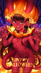 Rule 34 | 1girl, :d, animal ears, blunt bangs, breasts, brown hair, claw pose, colored skin, convenient censoring, cowboy shot, demon, demon girl, demon horns, demon tail, english text, fangs, fingernails, hair censor, hair over breasts, halloween, hands up, happy halloween, helmet, highres, horns, horns through headwear, jack-o&#039;-lantern, long hair, looking at viewer, nude, oopartz yang, open mouth, original, patreon username, pumpkin, red eyes, red skin, sharp fingernails, small breasts, smile, solo, standing, tail, very long hair