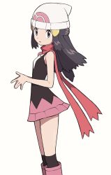 Rule 34 | 1girl, bad id, bad twitter id, bare arms, beanie, black hair, black thighhighs, boots, creatures (company), dawn (pokemon), eyelashes, floating hair, game freak, grey eyes, hair ornament, hairclip, hat, highres, looking at viewer, looking to the side, nintendo, open mouth, over-kneehighs, own hands together, pink footwear, pokemon, pokemon dppt, red scarf, scarf, simple background, sleeveless, solo, thighhighs, tongue, white background, white hat, yoshi (moco1)