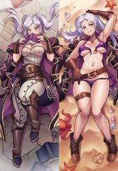 Rule 34 | 1girl, bikini, book, boots, breasts, brown gloves, cleavage, coat, dakimakura (medium), fire emblem, fire emblem awakening, fire emblem heroes, gloves, hakuramen, heart, highres, looking at viewer, lying, medium breasts, nintendo, o-ring, o-ring bikini, o-ring top, octopus, official alternate costume, on back, open bikini, open clothes, purple bikini, robin (female) (fire emblem), robin (female) (summer) (fire emblem), robin (fire emblem), sand, seashell, shell, smile, starfish, swimsuit, twintails, white hair