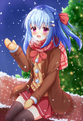 Rule 34 | 1girl, :d, bad id, bad pixiv id, blue hair, blush, bow, breath, brick wall, brown coat, brown mittens, brown thighhighs, christmas, christmas ornaments, christmas tree, coat, commentary request, duffel coat, fang, hair between eyes, hair bow, hair ornament, hairclip, hand up, kedama (kedama akaza), long hair, long sleeves, mittens, one side up, open clothes, open coat, open mouth, original, pink scarf, plaid, plaid scarf, purple eyes, red bow, red skirt, scarf, sitting, skirt, smile, snow, snowing, solo, sweater vest, thighhighs, winter