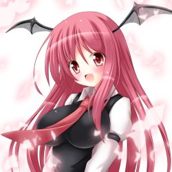 Rule 34 | 1girl, bat wings, blush, breasts, fang, head wings, impossible clothes, koakuma, large breasts, long hair, necktie, open mouth, osashin (osada), red eyes, red hair, red necktie, smile, solo, touhou, vest, wings