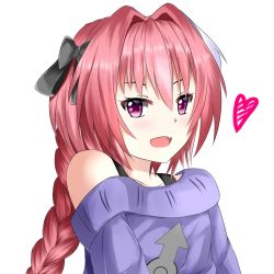 Rule 34 | 1boy, astolfo (fate), bare shoulders, black bow, blush, bow, braid, ceijin, collarbone, commentary, english commentary, eyelashes, fang, fate/grand order, fate (series), hair between eyes, hair bow, hair intakes, heart, long braid, long hair, long sleeves, looking at viewer, male focus, mars symbol, multicolored hair, off-shoulder, off-shoulder sweater, off shoulder, open mouth, pink hair, purple eyes, purple sweater, simple background, single braid, skin fang, smile, solo, streaked hair, sweater, trap, upper body, white background, white hair