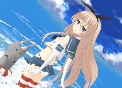 Rule 34 | 10s, 1girl, blonde hair, blue eyes, cloud, cloudy sky, day, dutch angle, elbow gloves, from behind, gloves, hairband, highres, kantai collection, kiki (tsunya), lens flare, long hair, looking back, miniskirt, ocean, rensouhou-chan, sailor collar, saru to yami, shimakaze (kancolle), skirt, sky, solo, striped clothes, striped thighhighs, thighhighs, very long hair