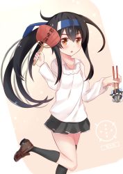 Rule 34 | 1girl, :o, abyssal ship, apron, black hair, black socks, blush, chopsticks, collarbone, cuiseika, hand fan, hatsushimo (kancolle), hatsushimo kai ni (kancolle), headband, kantai collection, kappougi, kneehighs, loafers, long hair, low-tied long hair, open mouth, pleated skirt, school uniform, shoes, single kneehigh, single sock, single thighhigh, skirt, socks, solo, thighhighs, translation request, very long hair, yellow eyes