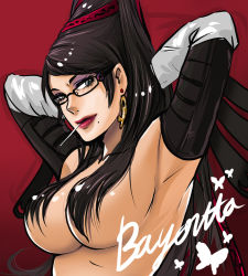 Rule 34 | 1girl, armpits, arms behind head, arms up, bad id, bad pixiv id, bayonetta, bayonetta (series), bayonetta 1, black hair, breasts, bug, butterfly, candy, censored, convenient censoring, earrings, elbow gloves, eyeshadow, food, glasses, gloves, green eyes, grey eyes, hair bun, hair censor, hair over breasts, hair ribbon, insect, jewelry, large breasts, lipstick, lollipop, long hair, makeup, mascara, mole, mole under mouth, red ribbon, ribbon, simple background, single hair bun, solo, topless, vamp 7, very long hair