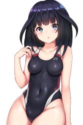 Rule 34 | 1girl, agatsuma kaede, alice gear aegis, arm warmers, black hair, black one-piece swimsuit, blue eyes, blunt bangs, breasts, competition swimsuit, covered navel, cowboy shot, highres, impossible clothes, impossible swimsuit, long hair, looking at viewer, nene (atsushi hamano), one-piece swimsuit, simple background, sitting, small breasts, solo, swimsuit, white background