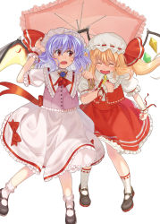 Rule 34 | 2girls, ascot, bad id, bad pixiv id, bat wings, blonde hair, blue hair, brooch, closed eyes, fang, female focus, flandre scarlet, hand on headwear, hat, hat ribbon, jewelry, locked arms, mary janes, multiple girls, nazuki nazu, open mouth, parasol, red eyes, remilia scarlet, ribbon, shirt, shoes, short hair, siblings, sisters, skirt, skirt set, smile, touhou, umbrella, wings, wrist cuffs