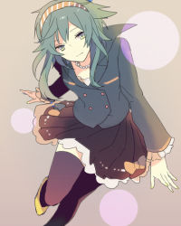 Rule 34 | 1girl, akiyoshi (tama-pete), alternate costume, black thighhighs, bubble, cowboy shot, dutch angle, floating hair, frilled shirt, frilled skirt, frills, gradient background, green eyes, green hair, green jacket, grey background, gumi, hairband, happy, head tilt, jacket, jewelry, leg up, light smile, long bangs, looking away, necklace, orange hairband, pearl necklace, ribbon, shaded face, shirt, short hair, short hair with long locks, simple background, skirt, solo, solo focus, thighhighs, two-tone hairband, upper body, vocaloid, white hairband, yellow footwear, yellow ribbon