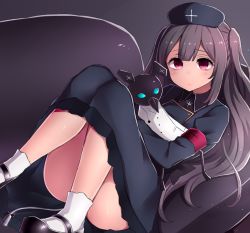 Rule 34 | 1girl, armband, black dress, black footwear, blunt bangs, blush, closed mouth, convenient leg, couch, dress, grey background, highres, knees together feet apart, knees up, long hair, long sleeves, looking at viewer, lying, mary janes, minai karte, neit ni sei, on back, on couch, panties, pink eyes, purple hair, shoes, smile, socks, solo, stuffed toy, tareme, thighs, two side up, underwear, very long hair, virtual youtuber, white panties