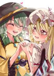 Rule 34 | 2girls, absurdres, back, back bow, blonde hair, blouse, blush, bow, breasts, buttons, closed eyes, collared shirt, commentary request, crystal, drill hair, eyeball, eyebrows hidden by hair, facing another, fingernails, flandre scarlet, frilled shirt collar, frilled sleeves, frills, green hair, green nails, green skirt, grey bow, grey headwear, grey shirt, hair between eyes, hands up, hat, heart, highres, jewelry, komeiji koishi, large breasts, light, long fingernails, long sleeves, looking at another, mahoro (minase mahoro), mob cap, multicolored wings, multiple girls, nail polish, one side up, open mouth, puffy short sleeves, puffy sleeves, red eyes, red nails, red vest, shirt, short hair, short sleeves, simple background, skirt, smile, teeth, third eye, tongue, touhou, upper body, upper teeth only, vest, white background, white bow, wide sleeves, wings, yellow shirt, yuri