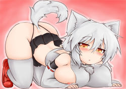 Rule 34 | 1girl, :o, all fours, animal ears, ass, blush, breast press, breasts, come hither, covered erect nipples, detached sleeves, inubashiri momiji, large breasts, microskirt, nipple slip, nipples, no headwear, no headwear, okiraku nikku, pom pom (clothes), red footwear, shoes, short hair, silver hair, skirt, solo, tail, thighhighs, thong, top-down bottom-up, touhou, white thighhighs, wolf tail, yellow eyes
