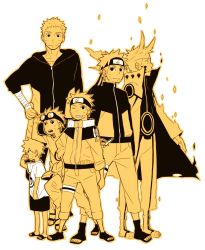 Rule 34 | 1boy, age progression, aged down, alternate form, artist request, goggles, headband, hood, hoodie, long coat, looking at viewer, male focus, monochrome, multiple persona, naruto, naruto (series), one eye closed, sandals, short hair, simple background, solo, track suit, uzumaki naruto, uzumaki naruto (kyuubi chakra mode), whiskers, white background, wink
