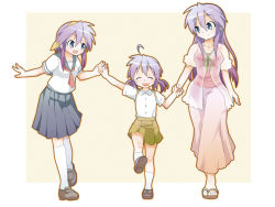 Rule 34 | 00s, 1girl, age comparison, aged down, blue eyes, child, hiiragi miki, holding hands, lucky star, multiple persona, purple hair, school uniform, serafuku, shing (sorairo factory), simple background, skirt, smile, time paradox