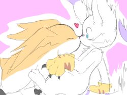 Rule 34 | animal ears, cat, cat ears, couple, digimon, digimon (creature), gloves, heart, holy ring, kiss, patamon, tail, tailmon