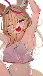 Rule 34 | 1girl, animal ears, armpits, blonde hair, breasts, cleavage, fox ears, fox girl, highres, hololive, looking at viewer, medium breasts, multicolored hair, navel, omaru polka, one eye closed, open mouth, purple eyes, simple background, solo, stomach, virtual youtuber, white background, yawning, yuuppi
