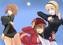 Rule 34 | 10s, 3girls, ;p, ass, balaclava, bent over, between legs, black panties, blonde hair, blue eyes, brave witches, breasts, brown hair, butt crack, cleavage, federica n. doglio, green eyes, gundula rall, hand between legs, isosceles triangle (xyzxyzxyz), large breasts, mask, military, military uniform, multiple girls, no bra, noble witches, one eye closed, open mouth, panties, pantyhose, red panties, rosalie de hemricourt de grunne, strike witches, strike witches: kurenai no majo-tachi, sun, tongue, tongue out, underwear, uniform, v, white legwear, world witches series