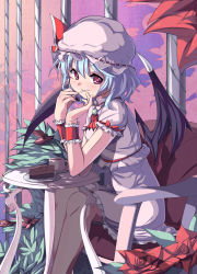 Rule 34 | 1girl, bat wings, blue hair, cake, cup, female focus, food, hat, highres, light smile, red eyes, remilia scarlet, saiste, short hair, sitting, smile, solo, table, touhou, wings, wrist cuffs
