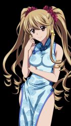 Rule 34 | 10s, 1girl, aiba asagi, armlet, blue dress, brown eyes, brown hair, china dress, chinese clothes, cowboy shot, dress, earrings, hair ornament, hair scrunchie, jewelry, long hair, looking at viewer, scrunchie, smile, solo, standing, strike the blood, transparent background, twintails, very long hair