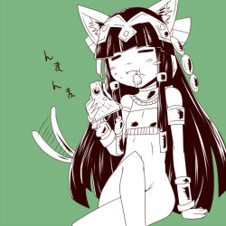 Rule 34 | 1girl, :3, :t, animal ears, arm support, armlet, bastet (p&amp;d), black hair, blunt bangs, bottomless, bracelet, cat ears, cat tail, closed eyes, crossed legs, eating, egyptian, egyptian clothes, fang, flat chest, food, green background, groin, hair ornament, headdress, ichigoya (mazikayu), jewelry, long hair, lots of jewelry, mazikayu, navel, necklace, puzzle &amp; dragons, sandwich, simple background, sitting, smile, solo, tail, tail wagging, text focus