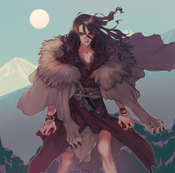 Rule 34 | 1boy, absurdres, black hair, cloak, collarbone, dr. stone, feet out of frame, floating hair, fur trim, hair ornament, highres, knife, legs apart, long hair, looking at viewer, mountainous horizon, outdoors, red cloak, red eyes, rei (tdn ng), scar, scar on face, serious, shishiou tsukasa, solo, standing, sun, tooth, wavy hair