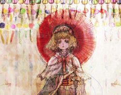Rule 34 | 1girl, alice margatroid, alternate costume, blonde hair, blue eyes, capelet, dress, frills, hairband, half-closed eyes, lolita hairband, long sleeves, looking at viewer, nazo (mystery), oil-paper umbrella, parasol, ribbon, short hair, solo, touhou, umbrella, wind chime
