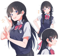 Rule 34 | 1girl, black hair, black skirt, blue eyes, blue vest, blush, bow, bowtie, braid, closed mouth, collared shirt, commentary, eitopondo, hair ornament, hair ribbon, hairclip, highres, long hair, looking afar, looking at viewer, multiple views, nijisanji, open mouth, pleated skirt, red bow, red bowtie, red ribbon, ribbon, school uniform, shirt, short sleeves, simple background, skirt, smile, sweatdrop, tsukino mito, tsukino mito (3rd costume), twin braids, vest, virtual youtuber, white background, white shirt