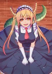 Rule 34 | 1girl, breasts, circle skirt, dragon, dragon girl, dragon horns, dragon tail, dress, elfboiii, from above, gloves, gradient hair, hair between eyes, highres, horns, kobayashi-san chi no maidragon, long hair, looking at viewer, maid, maid headdress, monster girl, multicolored hair, necktie, open mouth, orange eyes, orange hair, puffy short sleeves, puffy sleeves, red necktie, scales, short sleeves, sitting, slit pupils, smile, solo, tagme, tail, tohru (maidragon), twintails, white gloves