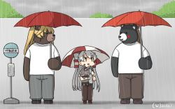 Rule 34 | 1girl, 3others, abukuma (kancolle), alternate costume, amatsukaze (kancolle), animalization, bear, blouse, brown eyes, brown pants, cloud, cloudy sky, commentary request, dated, facing viewer, fence, full body, grey pants, grey sky, hair tubes, hamu koutarou, hat, highres, kantai collection, kumano (kancolle), long hair, mini hat, multiple others, one-hour drawing challenge, outdoors, pants, rain, red umbrella, rensouhou-kun, shirt, sign, silver hair, sky, smokestack hair ornament, standing, t-shirt, track pants, two side up, umbrella, white shirt
