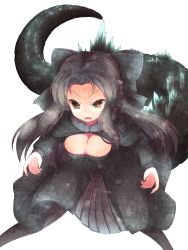 Rule 34 | 00s, 1girl, alternate breast size, black hair, black pantyhose, bow, breasts, cleavage, dragon girl, dragon tail, fingernails, from above, fusion, godzilla, godzilla (series), gojiren, hair bow, half updo, highres, large bow, large breasts, len (tsukihime), long hair, monster girl, nightmare cat, open mouth, pantyhose, red eyes, sharp fingernails, slit pupils, solo, tail, tsukihime