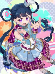 Rule 34 | 1girl, :3, :d, absurdres, anisakisu, blue hair, blue jacket, blue skirt, blunt bangs, blush, capelet, commentary request, detached sleeves, dutch angle, earrings, feet out of frame, gold trim, hair rings, hands up, hat, heart, heart earrings, highres, idol clothes, jacket, jewelry, kiratto pri chan, long hair, looking at viewer, melpan (pri chan), mini hat, open mouth, pleated skirt, pretty series, purple capelet, purple eyes, skirt, smile, solo, standing, star-shaped pupils, star (symbol), sun, symbol-shaped pupils, twintails, very long hair