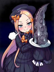 Rule 34 | 1girl, abigail williams (fate), absurdres, black bow, black dress, black hat, blonde hair, blue eyes, blush, bow, breasts, closed mouth, dress, fate/grand order, fate (series), forehead, hair bow, hat, highres, long hair, long sleeves, looking at viewer, mioshi (vixis340), multiple hair bows, orange bow, parted bangs, plate, polka dot, polka dot bow, ribbed dress, sleeves past fingers, sleeves past wrists, small breasts, smile, solo, tentacles