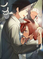 Rule 34 | 1boy, 1girl, absurdres, animal ears, ashinowoto, black hair, black jacket, blue eyes, blue necktie, blush, commentary request, facial hair, height difference, highres, holding, holding own hair, horse ears, jacket, kabedon, long hair, multicolored hair, necktie, nice nature (umamusume), nose blush, red hair, short hair, sideways mouth, streaked hair, stubble, sweat, train interior, trainer (umamusume), twintails, umamusume, upper body, wavy hair