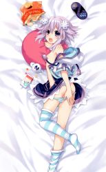 Rule 34 | 10s, 1girl, absurdres, bed, bed sheet, blush, chips (food), controller, convenient censoring, d-pad, dakimakura (medium), feet, food, from above, game controller, hair ornament, highres, looking at viewer, lying, neptune (neptunia), neptune (series), no shoes, on bed, on stomach, open mouth, panties, potato chips, purple hair, short hair, solo, striped clothes, striped panties, striped thighhighs, thighhighs, tsunako, underwear, undressing